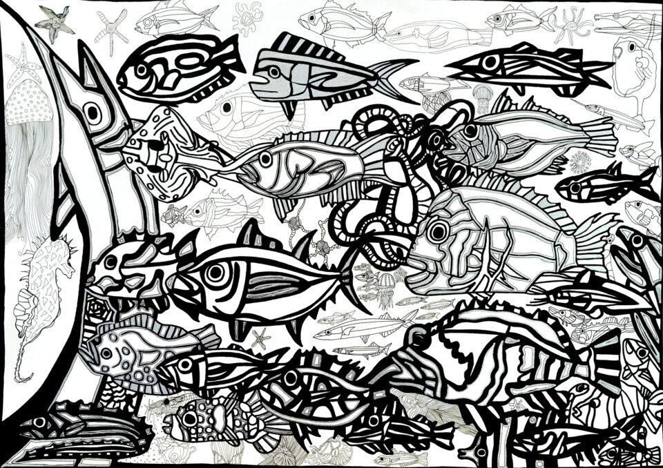 油彩画 魚の群れ 田中拓実「魚の群れ」 | ふじのくに障がい者芸術ポータルサイト