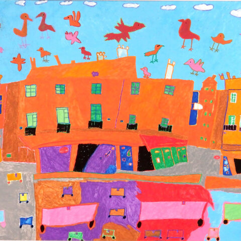 水野勝美「街並みと鳥たち」