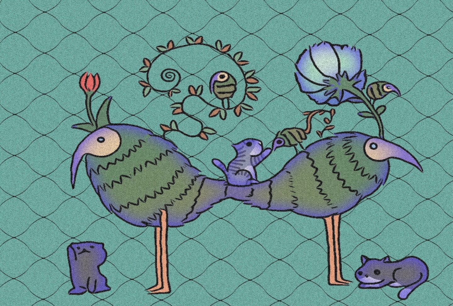 葉月ハブ「青い世界の猫と鳥」