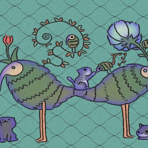 葉月ハブ「青い世界の猫と鳥」