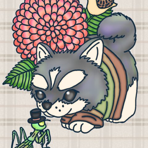 葉月ハブ「ハスキーの子犬とカマキリ」